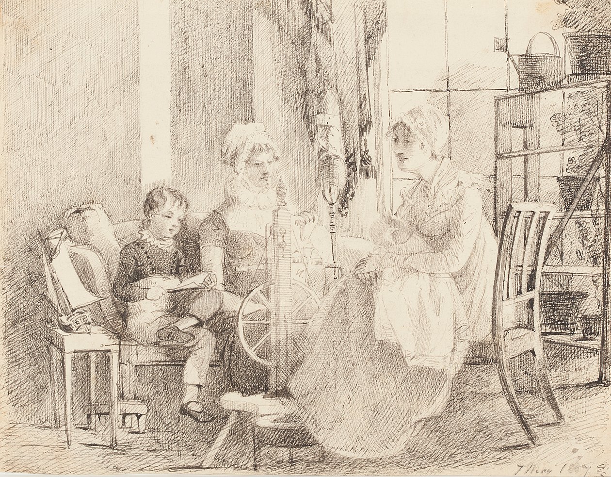 Frauen am Spinnrad und ein Junge mit einem Spielzeugboot, 1807 von John Harden