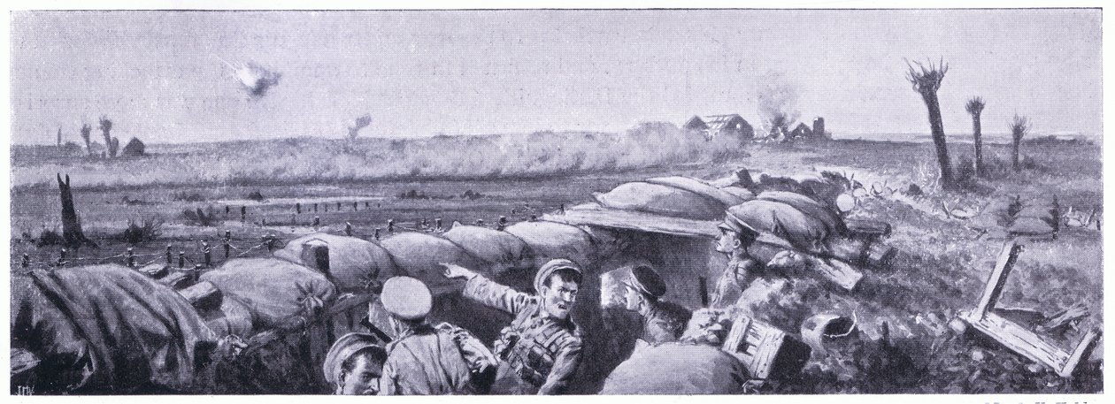 Gasangriff auf die Schützengräben der 2. Lancashire Fusiliers, bei dem Private Lyn sein Leben verlor, aber das Victoria-Kreuz gewann. Ypern April 1915 von John Harris Valda