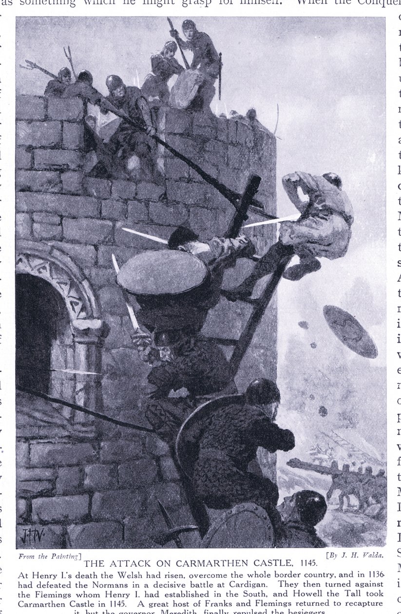 Der Angriff auf die Burg Carmarthen AD1136, 1920er Jahre von John Harris Valda