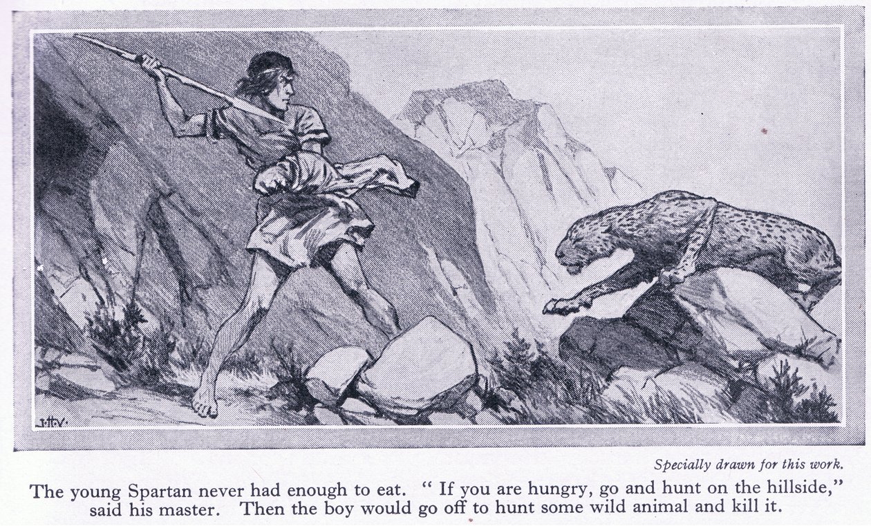Der junge Spartaner hatte nie genug zu essen. Sie wurden in die Hügel geschickt, um zu jagen, ca. 1950 von John Harris Valda