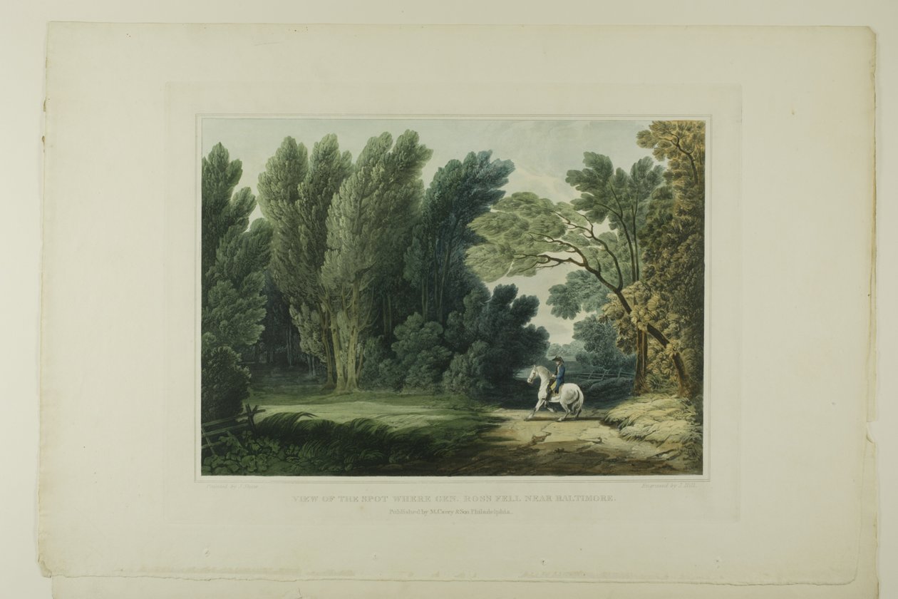 Ansicht des Ortes, an dem General Ross fiel, in der Nähe von Baltimore, Platte sechs der ersten Nummer von Picturesque Views of American Scenery von John Hill