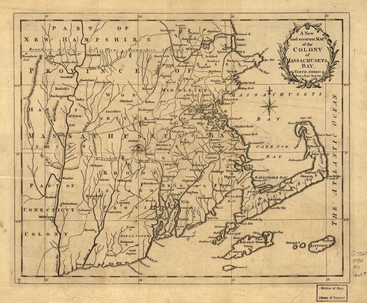 Neue und genaue Karte der Kolonie Massachusetts Bay in Nordamerika, nach einer aktuellen Vermessung von John Hinton