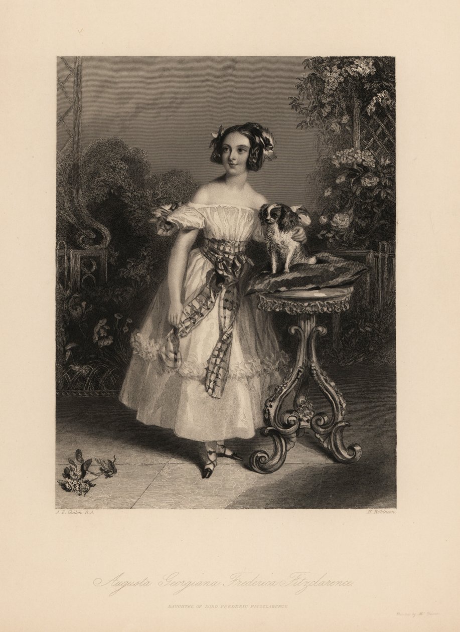 Augusta Georgina Frederica Fitzclarence, Tochter von Lord Frederic Fitzclarence, unehelicher Sohn von König Wilhelm IV. Sie trägt ihr Haar in Locken und Bändern, ein schulterfreies Kleid mit einer Schleife und hält einen King-Charles-Spaniel auf einem Kiss von John James (after) Chalon