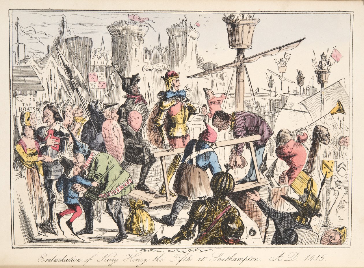Einschiffung von Heinrich V. in Southampton, AD 1415, aus The Comic History of England, veröffentlicht 1864 (handkolorierte Radierung) von John Leech