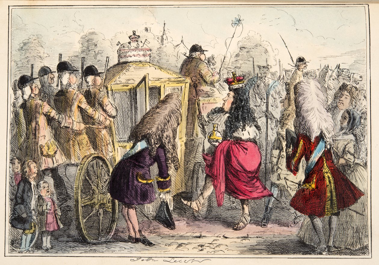 Georgey Porgey der Erste geht in seiner Staatskutsche spazieren, aus The Comic History of England, veröffentlicht 1864 (handkolorierte Radierung) von John Leech