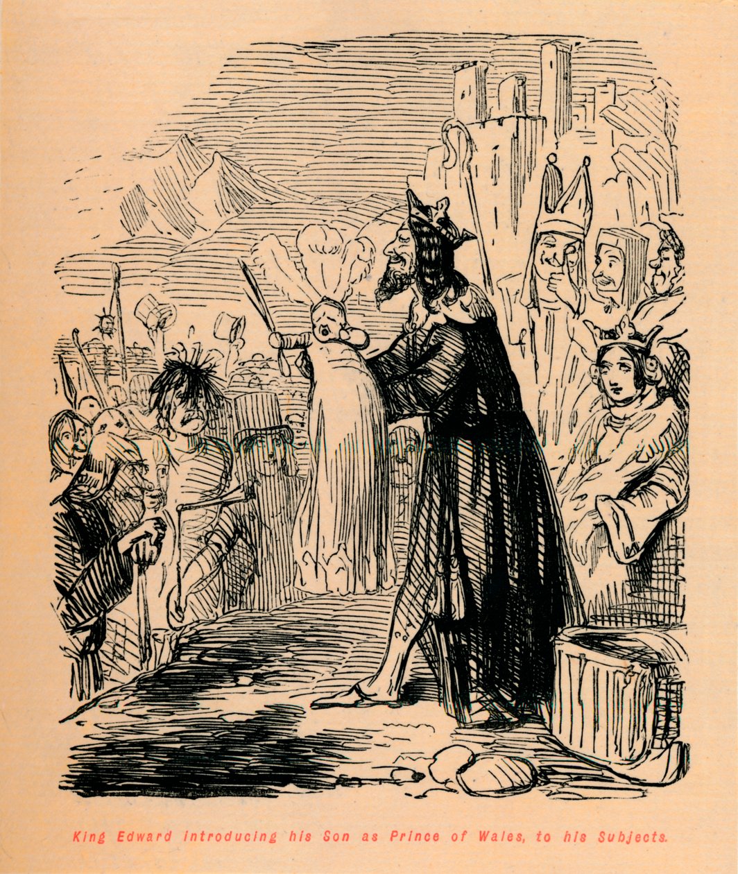 König Edward stellt seinen Sohn als Prinz von Wales seinen Untertanen vor, um 1860 von John Leech
