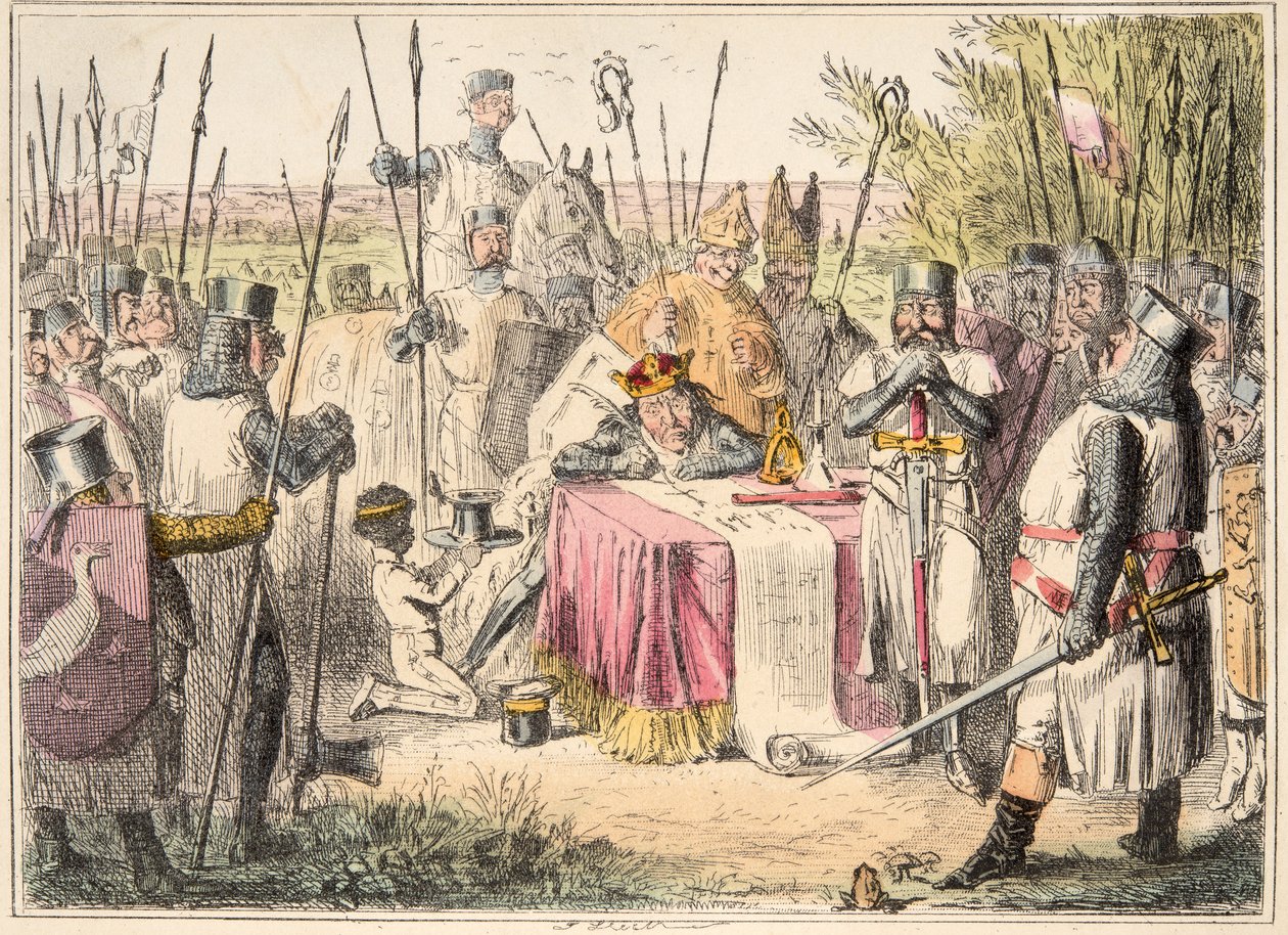 König Johann unterzeichnet die Magna Carta, aus The Comic History of England, veröffentlicht 1864 (handkolorierte Radierung) von John Leech
