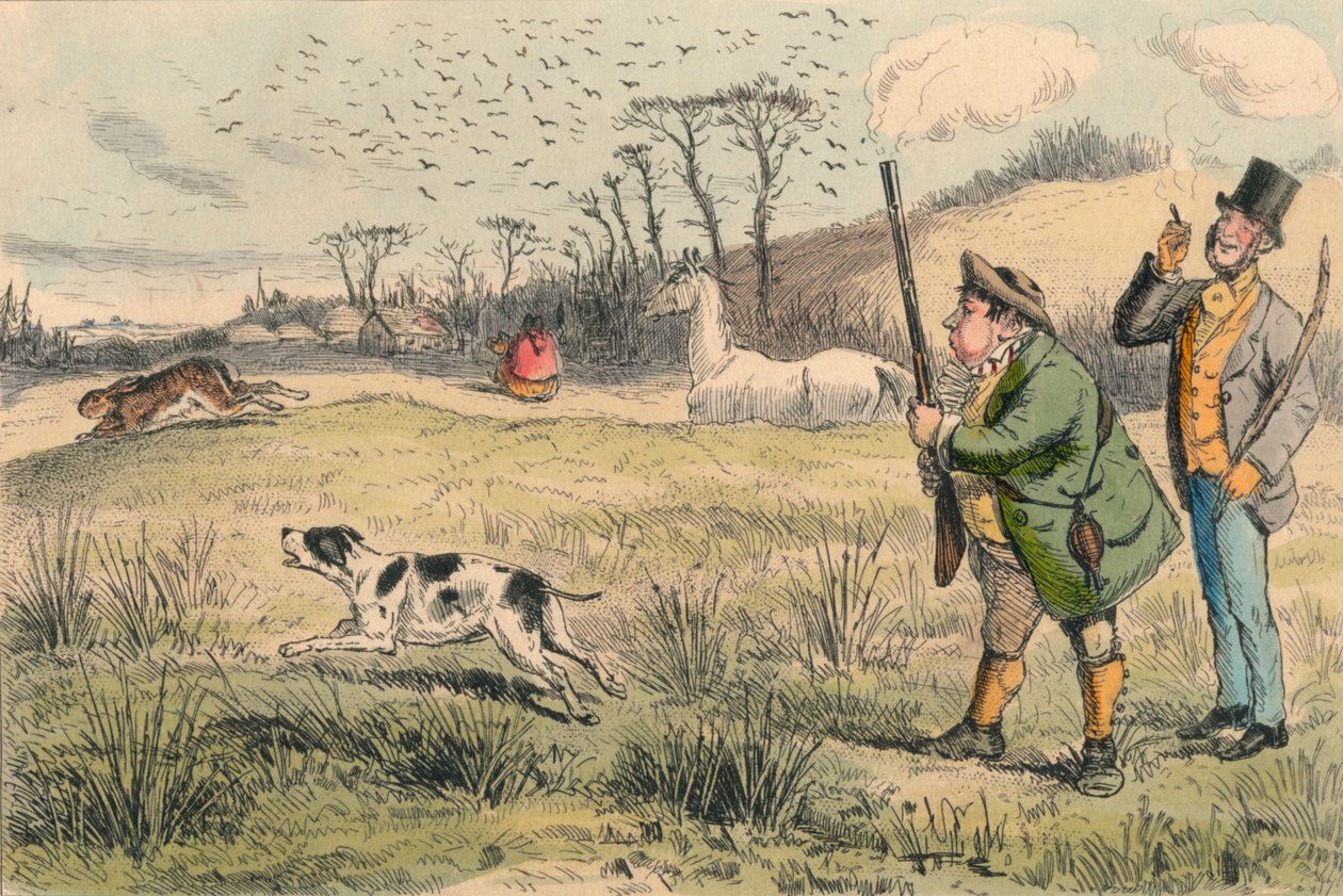 Mr. Jogglebury Crowdey mit seinem Hund und seiner Waffe, ca. 1860er von John Leech