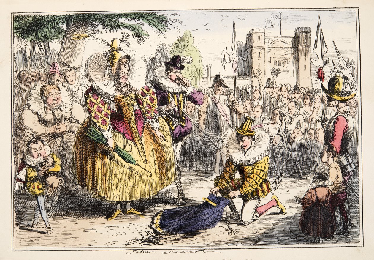 Königin Elisabeth und Sir Walter Raleigh, aus The Comic History of England, veröffentlicht 1864 (handkolorierte Radierung) von John Leech