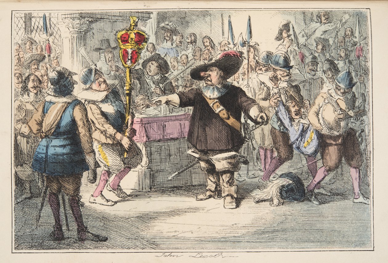 Nehmt dieses Spielzeug weg, Cromwell löst das Lange Parlament auf, aus The Comic History of England, veröffentlicht 1864 (handkolorierte Radierung) von John Leech