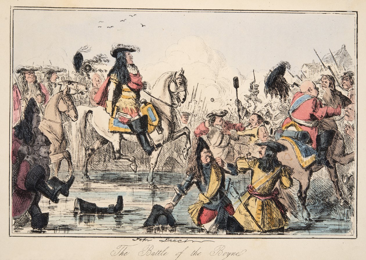 Die Schlacht am Boyne, aus The Comic History of England, veröffentlicht 1864 (handkolorierte Radierung) von John Leech