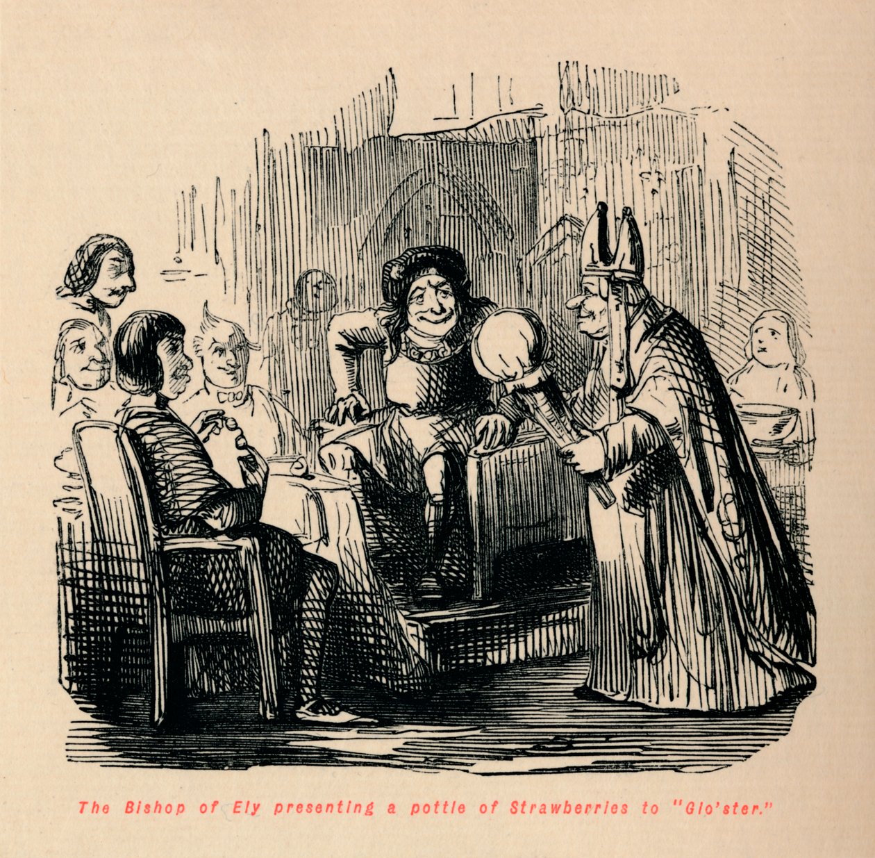 Der Bischof von Ely überreicht Gloster einen Korb Erdbeeren von John Leech