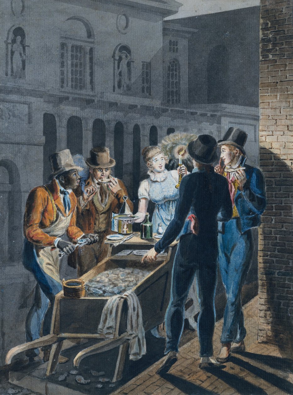 Nachtleben in Philadelphia—ein Austernwagen vor dem Chestnut Street Theater, 1811-ca. 1813 von John Lewis Krimmel