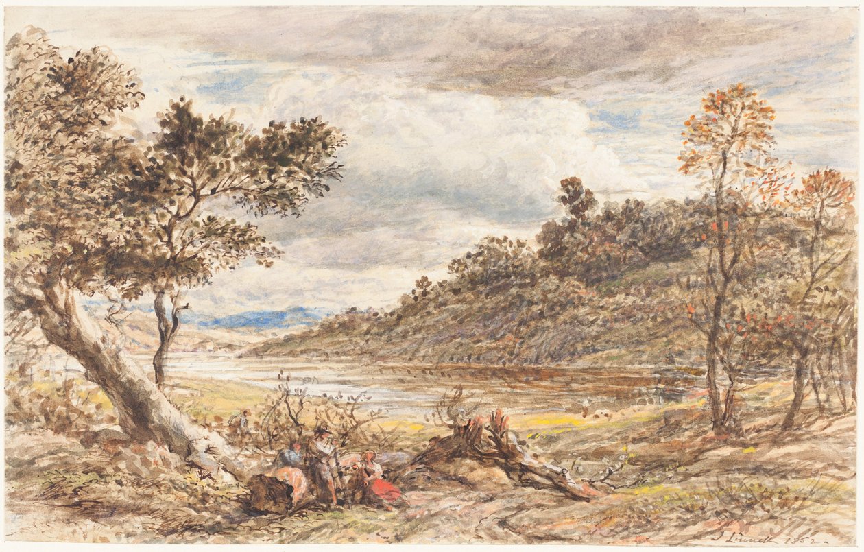 Reisende rasten an einem umgestürzten Baum von John Linnell