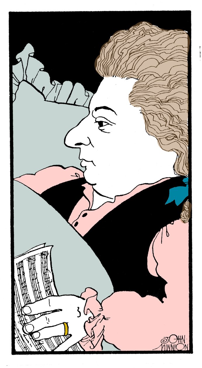 Wolfgang Amadeus Mozart, Karikatur des österreichischen Komponisten auf seinem Sterbebett von John Minnion