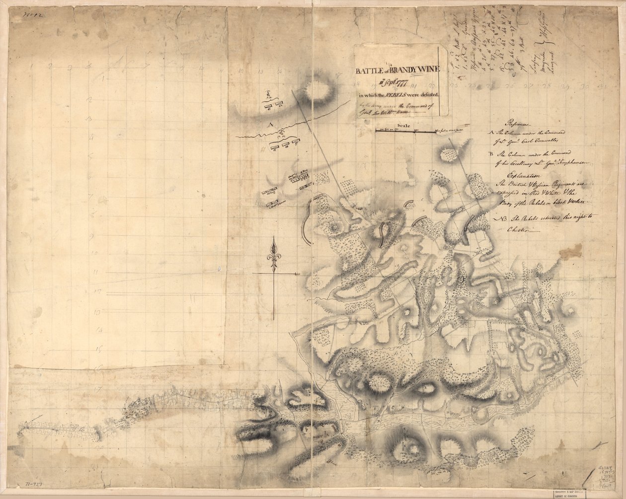 Schlacht von Brandywine, 11. September 1777, in der die Rebellen von der Armee unter dem Kommando von Genl. Sir Willm. Howe besiegt wurden von John Montresor