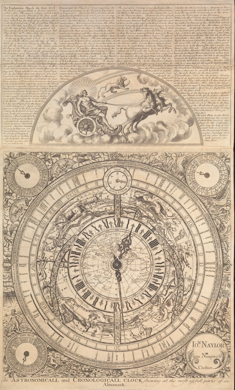 Astronomische und chronologische Uhr, die alle nützlichsten Teile eines Almanachs zeigt (Gravur) von John Naylor