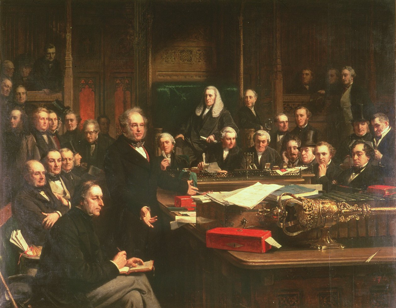 Lord Palmerston spricht vor dem Unterhaus während der Debatten über den Vertrag mit Frankreich im Februar 1860, 1863 von John Phillip