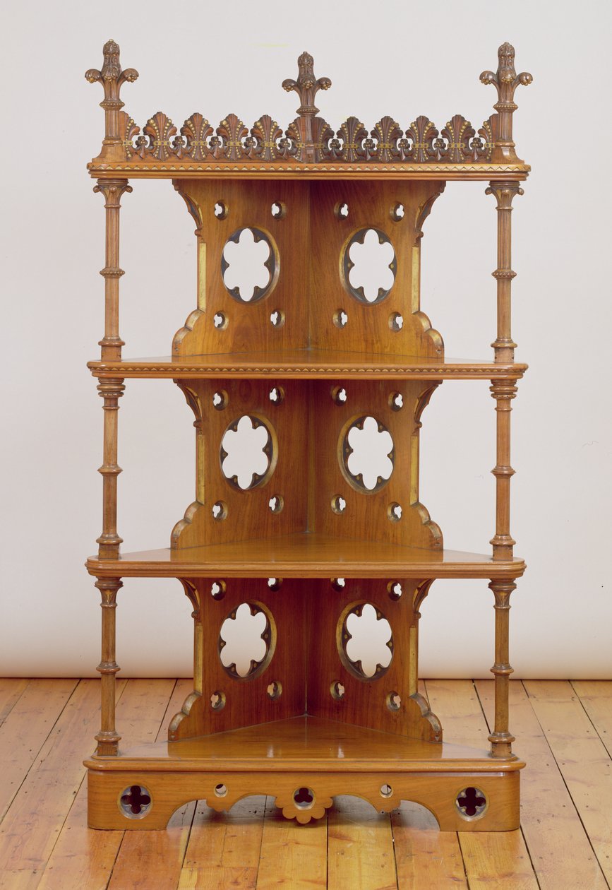 Geschnitztes und vergoldetes gotisches Eckregal, ca. 1860 (Walnussholz) von John Pollard Seddon