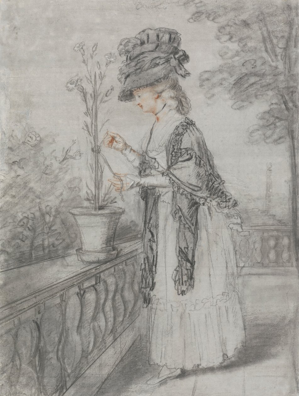 Dame auf einer Terrasse, die eine Nelkenpflanze pflegt von John Raphael Smith