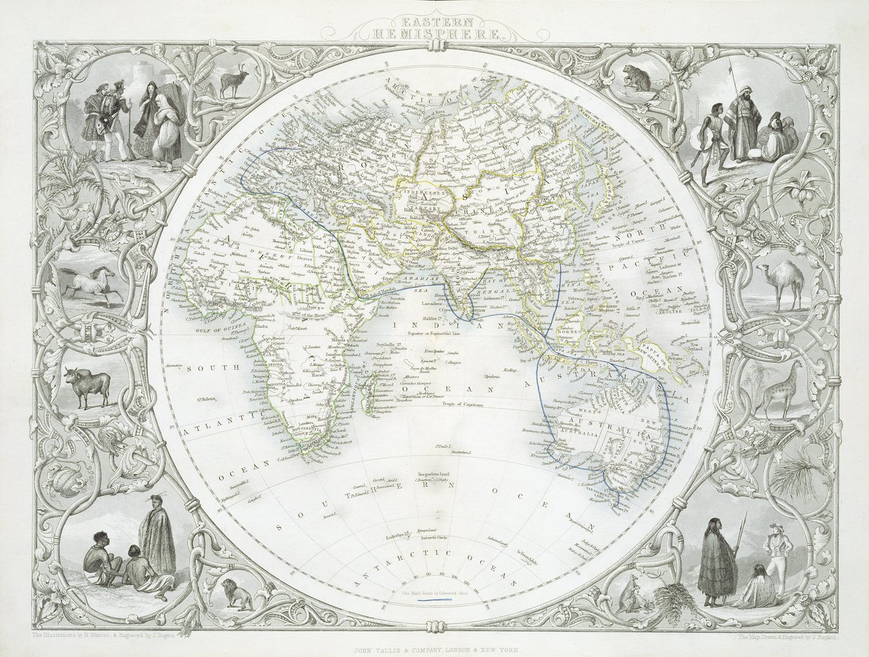 Östliche Hemisphäre, aus einer Serie von Weltkarten veröffentlicht von John Tallis und Co., New York und London, 1850er Jahre von John Rapkin