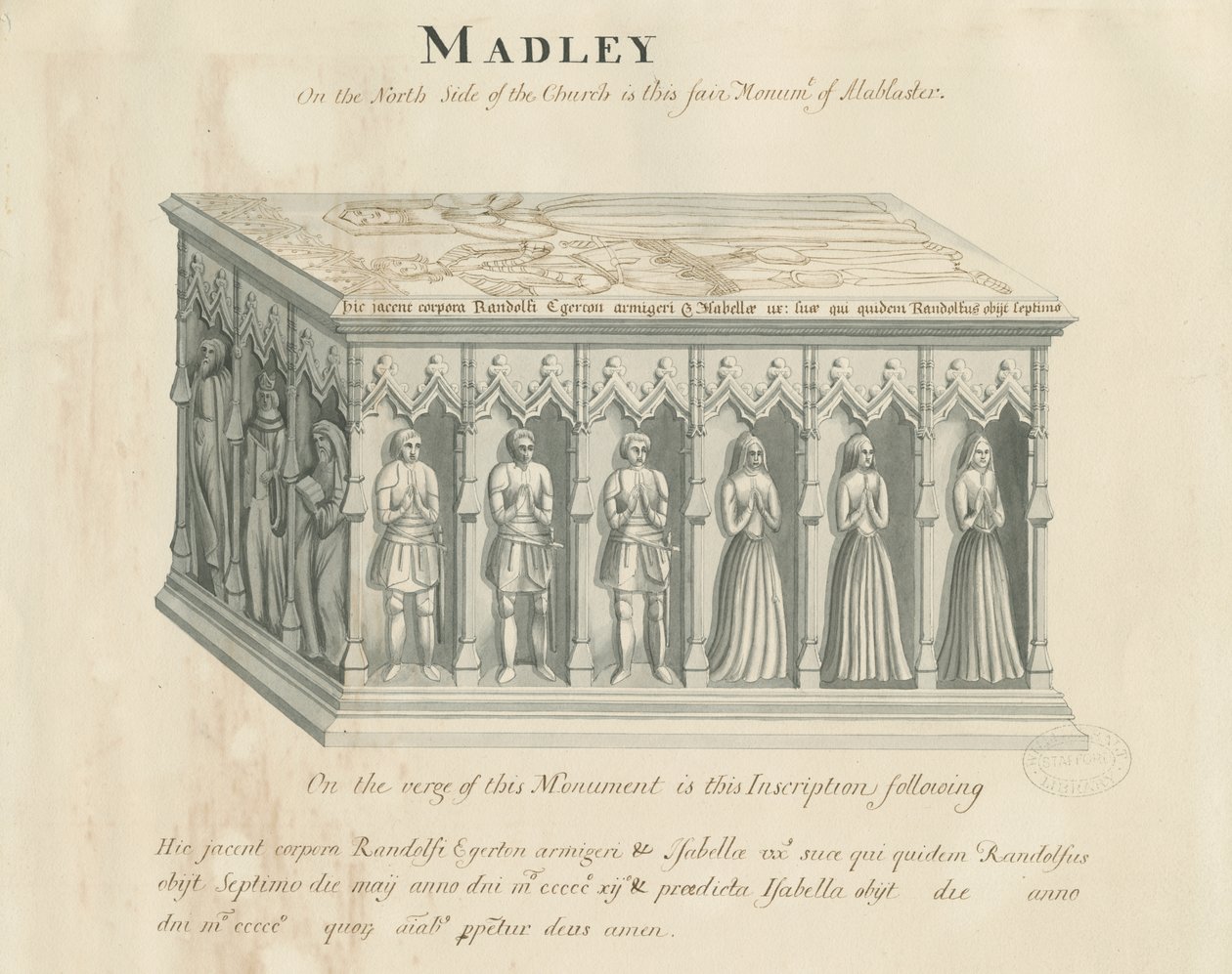 Madeley Church - Denkmal für Randolf Egerton (Feder- und Tuschzeichnung, 19. Jh.) von John Robert Fernyhough