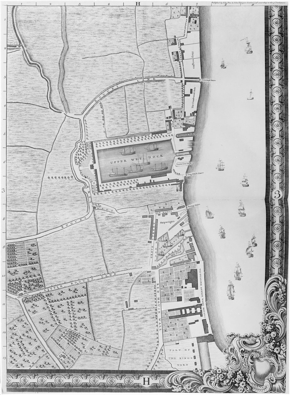 Eine Karte der unteren Rotherhithe-Docks, London, 1746 (Gravur) von John Rocque