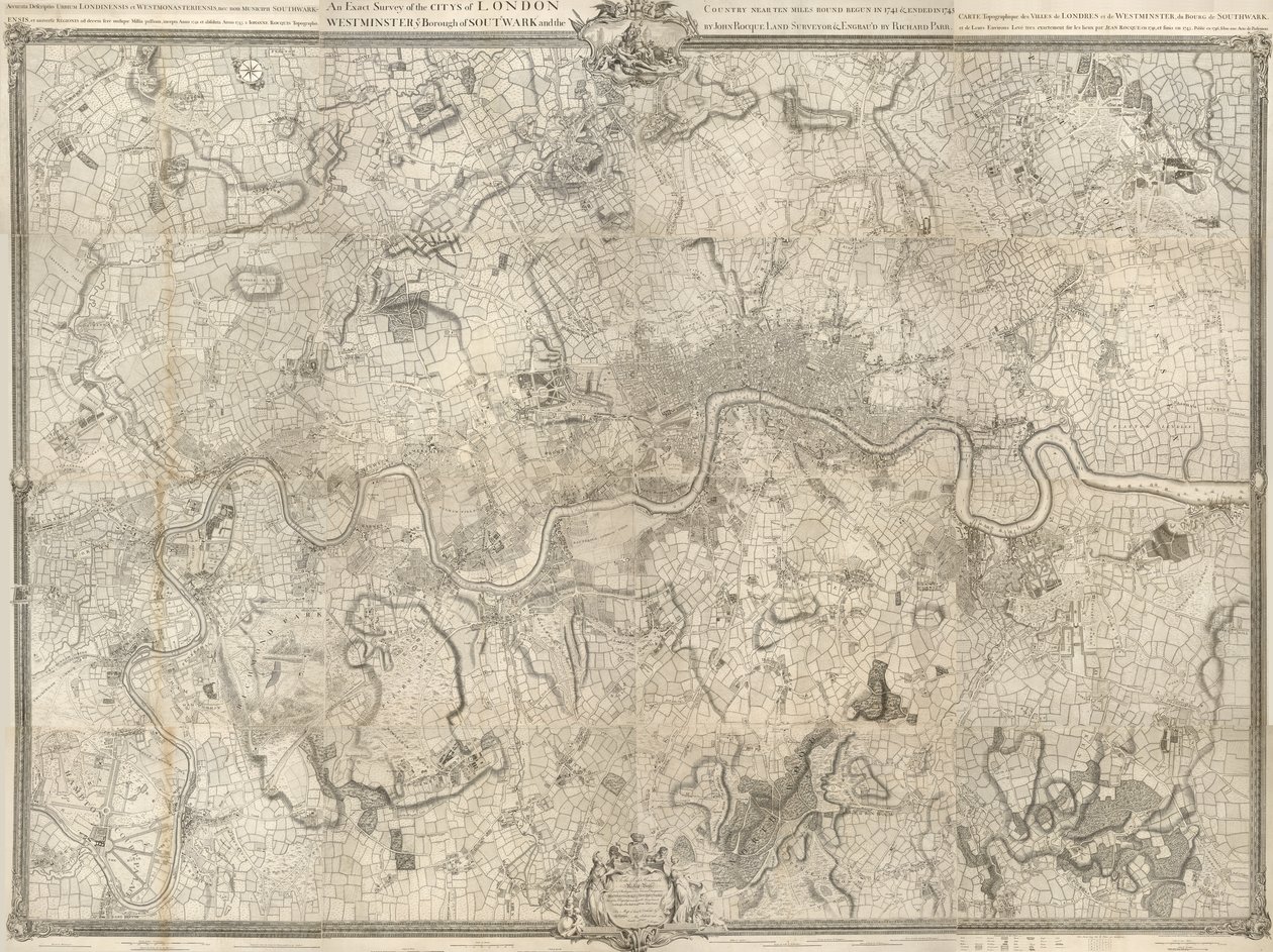 Eine Karte von London aus dem 18. Jahrhundert. Eine genaue Vermessung der Städte London, Westminster, des Stadtteils Southwark und des Landes in einem Umkreis von zehn Meilen, begonnen 1741 und beendet 1745 / von John Rocque, Landvermesser & (gestochen) v von John Rocque