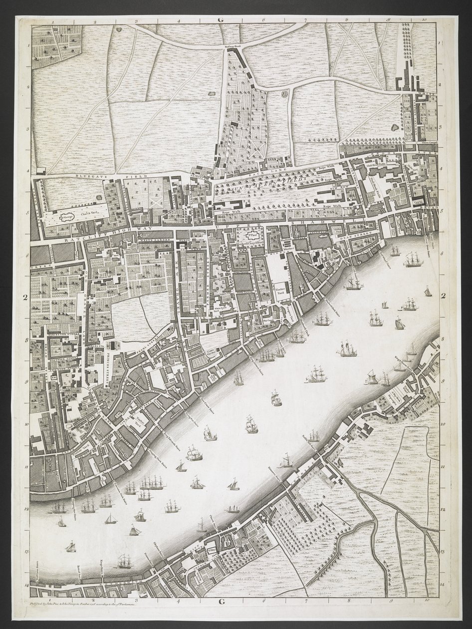 Plan von London, Ratcliff Highway, Upper Shadwell Road, ein Plan der Städte London und Westminster und des Stadtteils Southwark; aus einer tatsächlichen Vermessung, erstellt von JOHN ROCQUE, Landvermesser, und graviert von John Pine von John Rocque