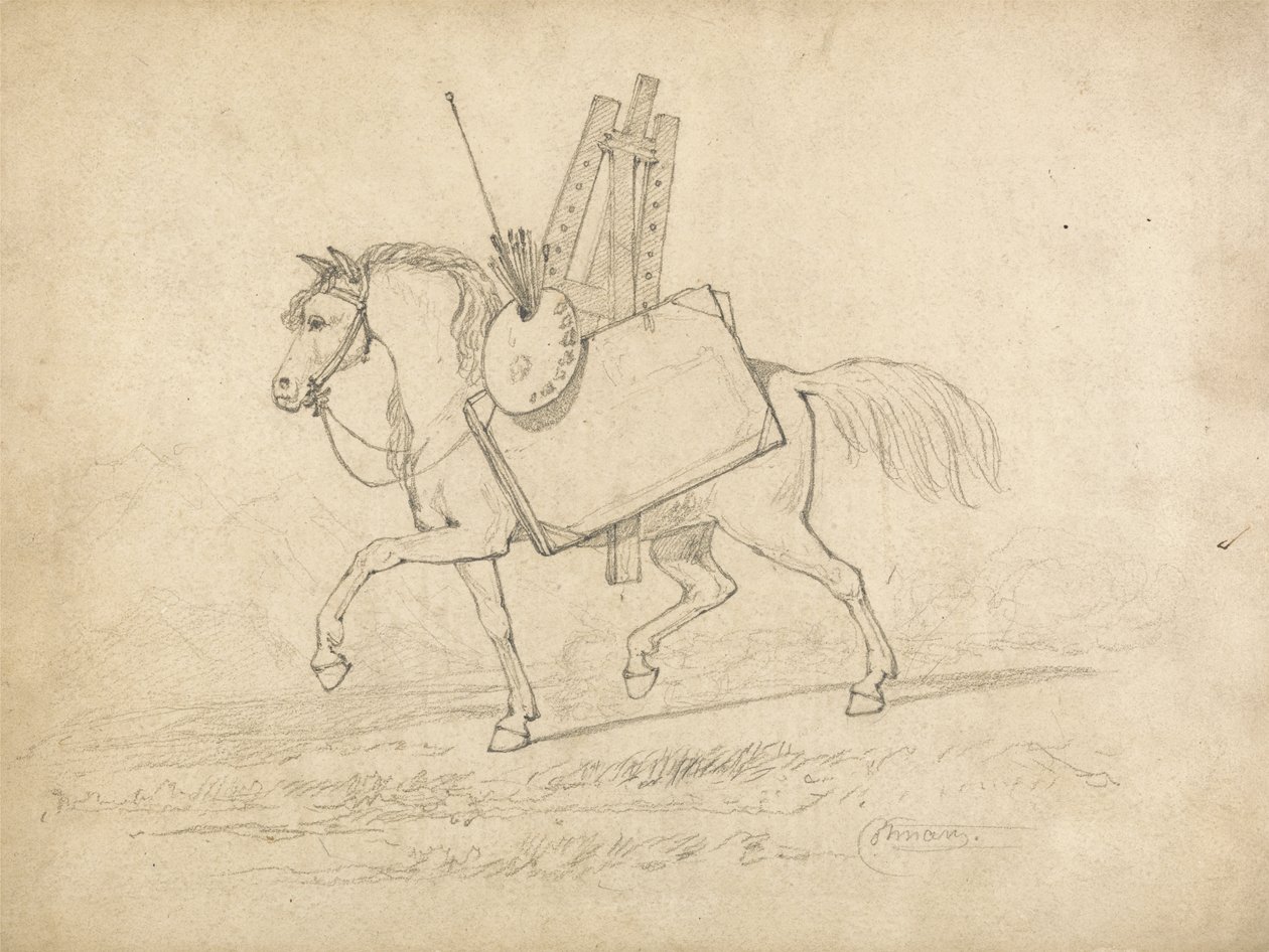 Ein Pferd, beladen mit Künstlerutensilien, geht nach links von John Sell Cotman