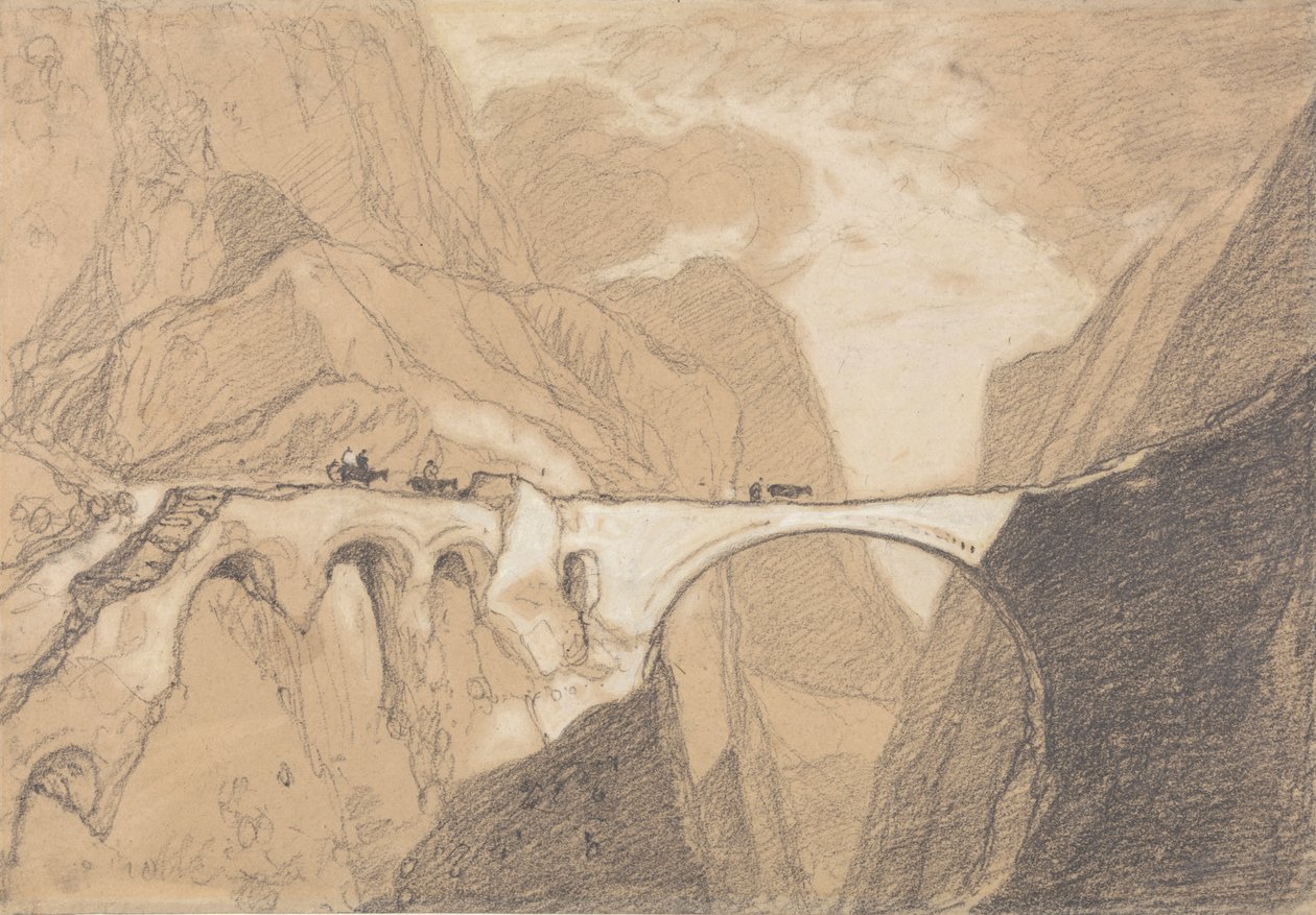 Reisende überqueren eine Brücke über eine alpine Schlucht von John Sell Cotman