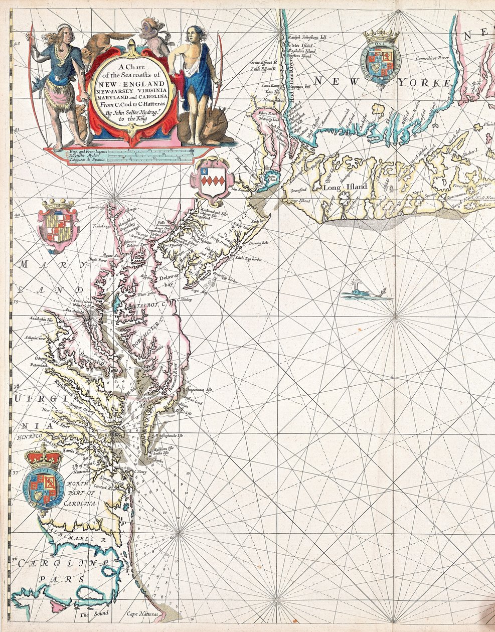Eine Karte der Seeküsten von Neuengland, New Jersey, Virginia, Maryland und Carolina von Cape Cod bis Cape Hatteras von John Seller