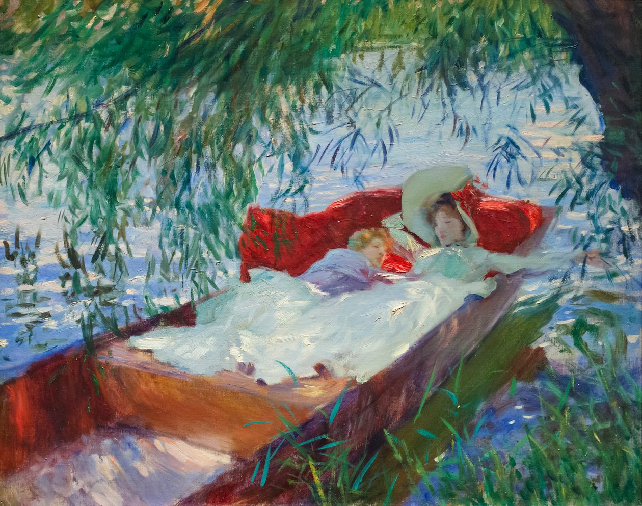 Dame und Kind schlafen in einem Kahn unter der Weide von John Singer Sargent