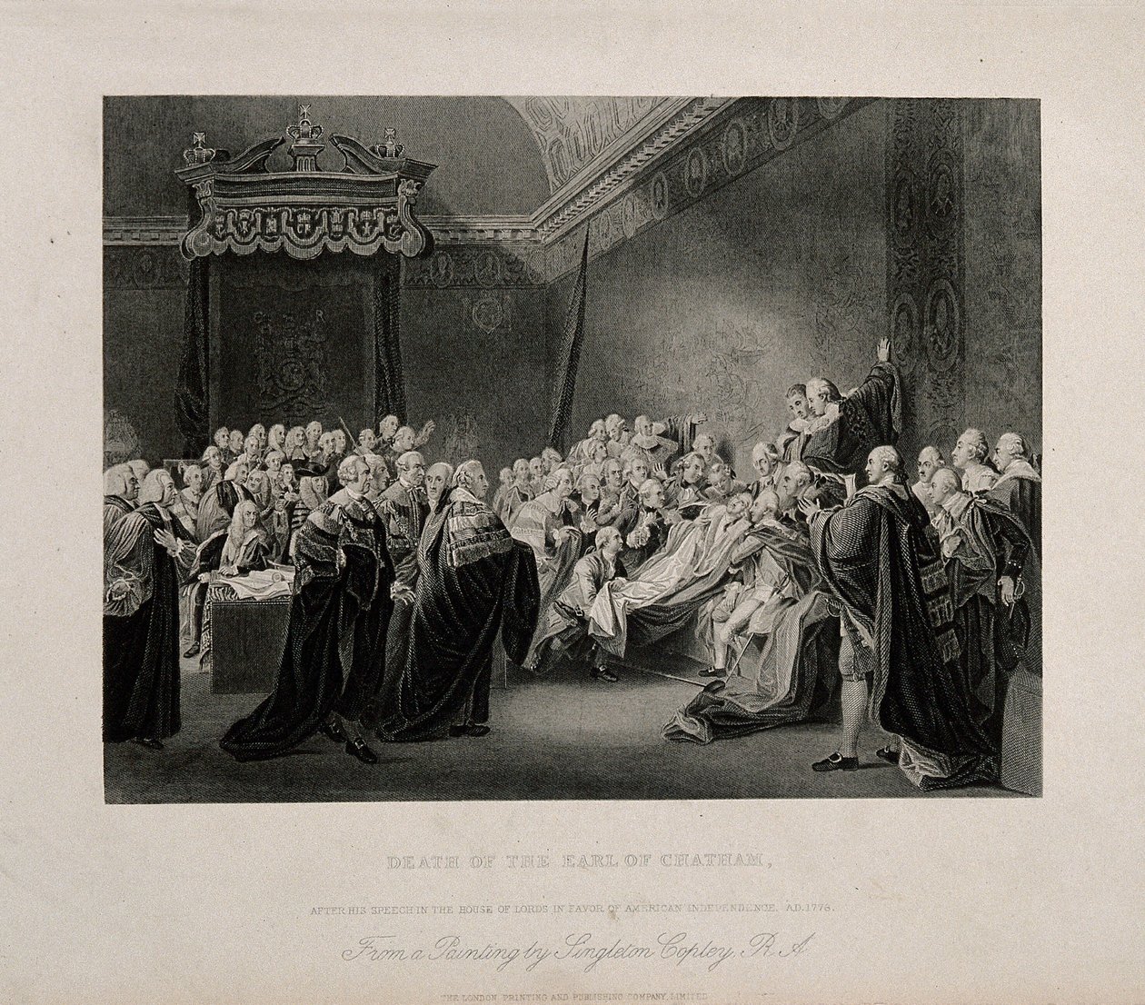 Der Tod von William Pitt, Lord Chatham, im Oberhaus des Palace of Westminster, 1778. Gravur nach J. Copley, 1779. von John Singleton Copley