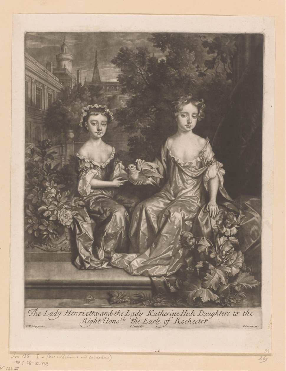Porträt von Henrietta und Katherine Hyde mit einer Taube The Lady Henrietta and the Lady Katherine Hide Daughters to the / Right Honorable the Earle of Rochester (Titel auf Objekt) von John Smith