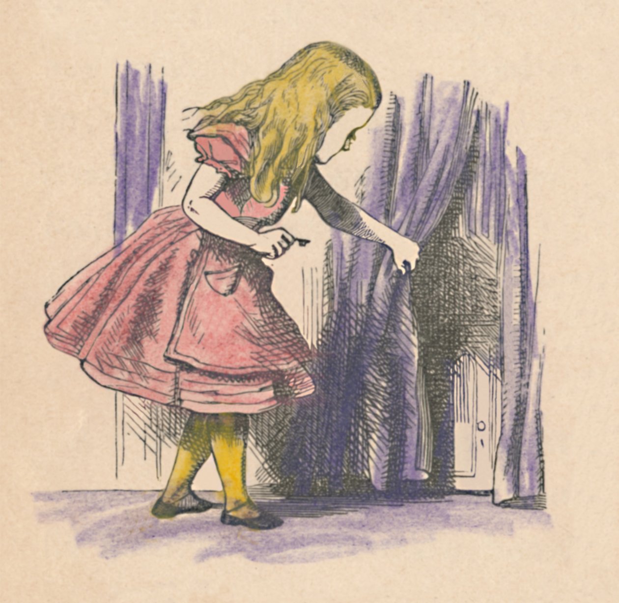 Alice schaut auf eine kleine Tür hinter einem Vorhang von John Tenniel