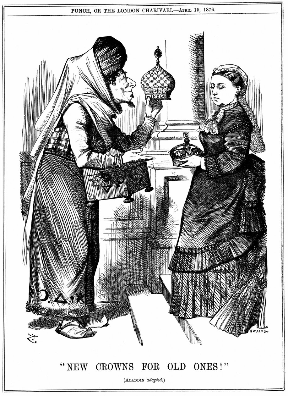 Benjamin Disraeli bietet Königin Victoria die Krone von Indien an. Sie wurde am 1. Mai 1876 zur Kaiserin von Indien ausgerufen. John Tenniel Karikatur aus Punch, London, 15. April 1876 von John Tenniel