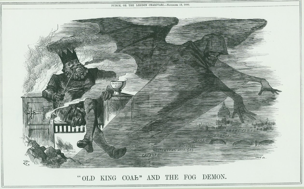Auswirkungen des Verbrennens von Old King Coal auf London. Der Nebel verursachte Asthma, Bronchitis, Pneumonie, Pleuritis usw. John Tenniel Karikatur aus Punch, London von John Tenniel