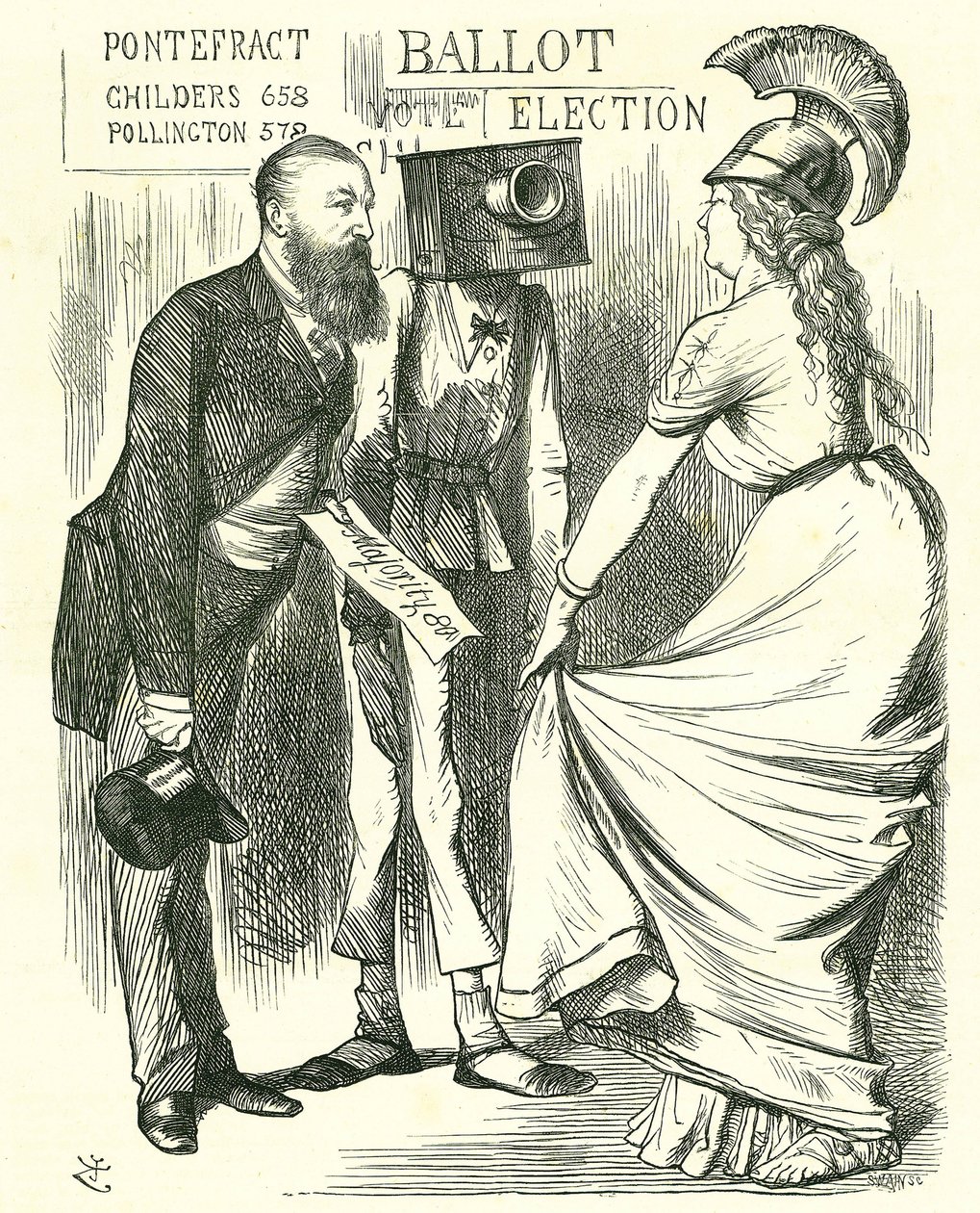 Hugh Childers (1827-1896) britischer Parlamentarier, berichtet Britannia vom Erfolg der neuen Wahlurne. John Tenniel Karikatur aus 