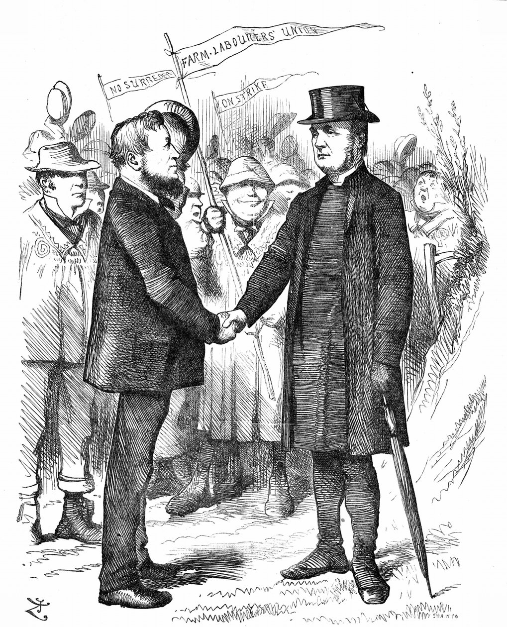 Joseph Arch (1826-1919) englischer Gewerkschafter, Politiker und Landarbeiter. Gründer der National Union of Farm Labourers. Arch begrüßt den Bischof von Manchester, der die Gewerkschaft in einem Brief an The Times unterstützte. John Tenniel Karikatur aus  von John Tenniel