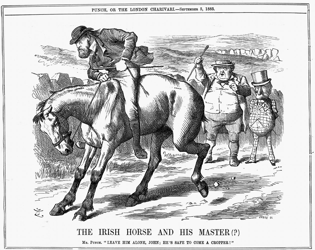 Mr. Punch sagt John Bull, er solle Charles Stewart Parnell (1846-1891), irischer Politiker, ignorieren, da er sicher scheitern wird, wenn er das irische Pferd reitet. John Tenniel Karikatur aus Punch, London, 5. September 1885. Gravur von John Tenniel
