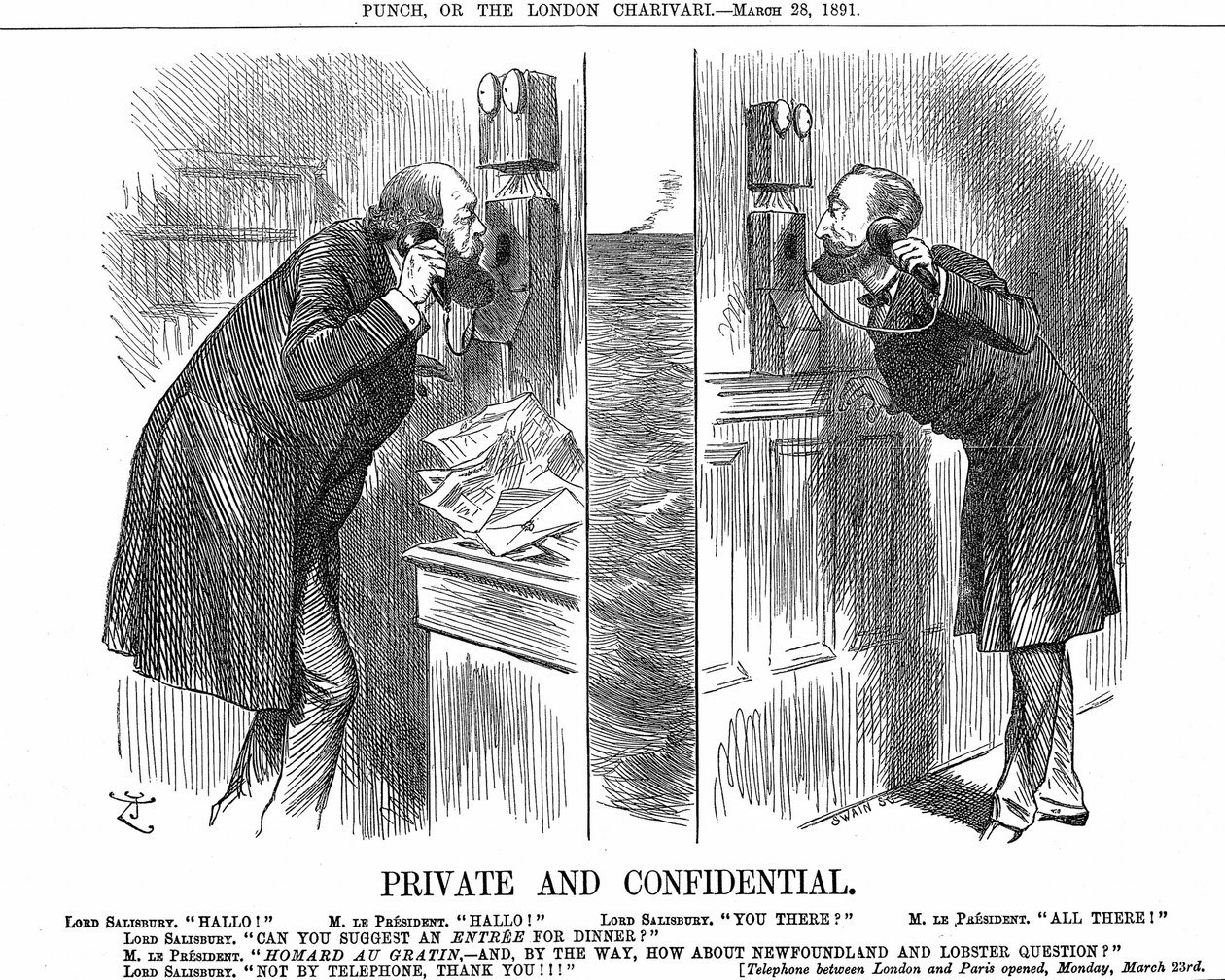 Eröffnung der anglo-französischen Telefonleitung. Der britische Premierminister (Lord Salisbury) im Gespräch mit dem französischen Präsidenten (Sadi Carnot). John Tenniel Karikatur aus Punch, London, 28. März 1891. Holzstich. von John Tenniel