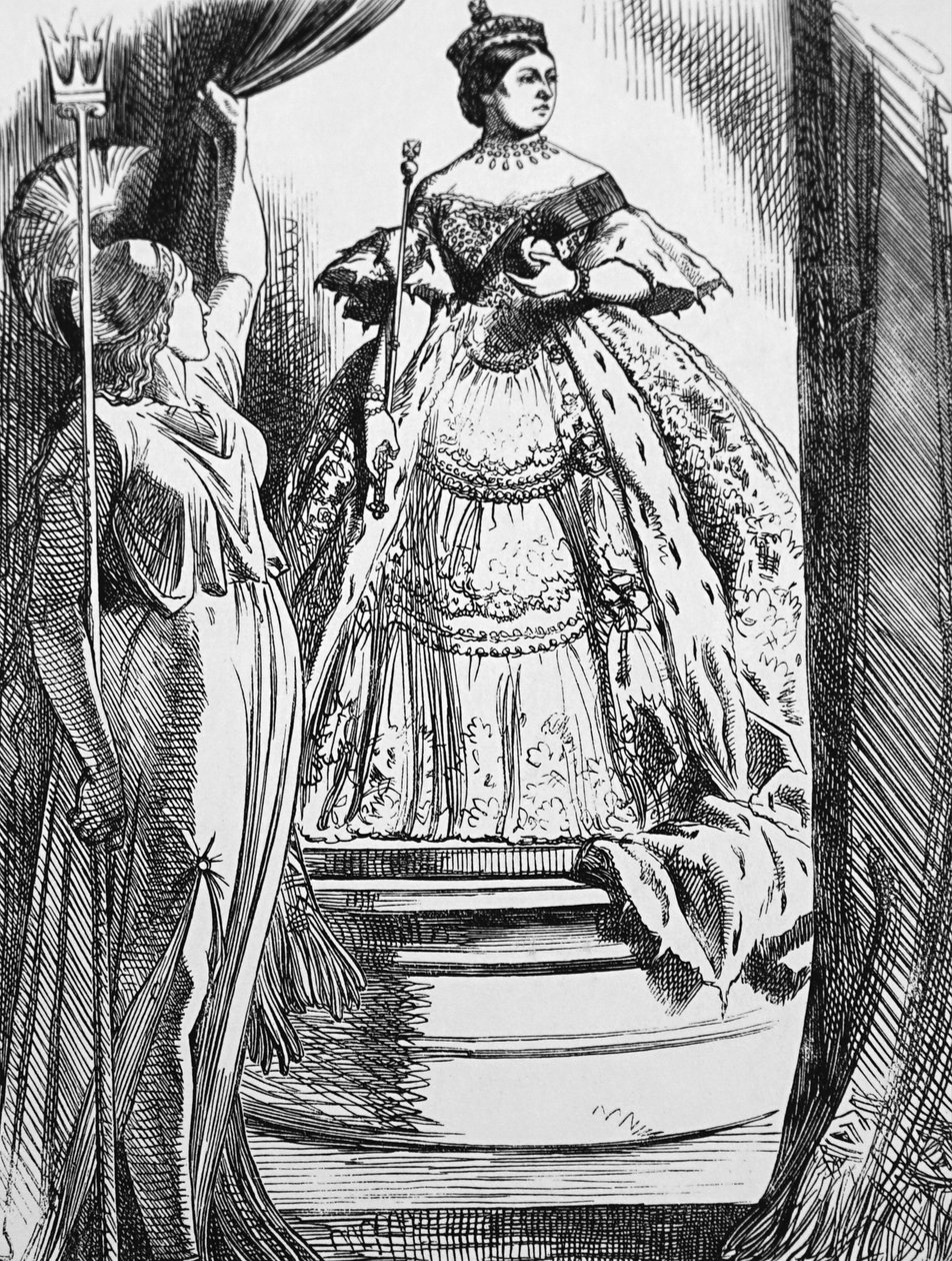 Königin Victoria wird von Britannia gedrängt, nach ihrer langen Trauerzeit in die Welt zurückzukehren von John Tenniel