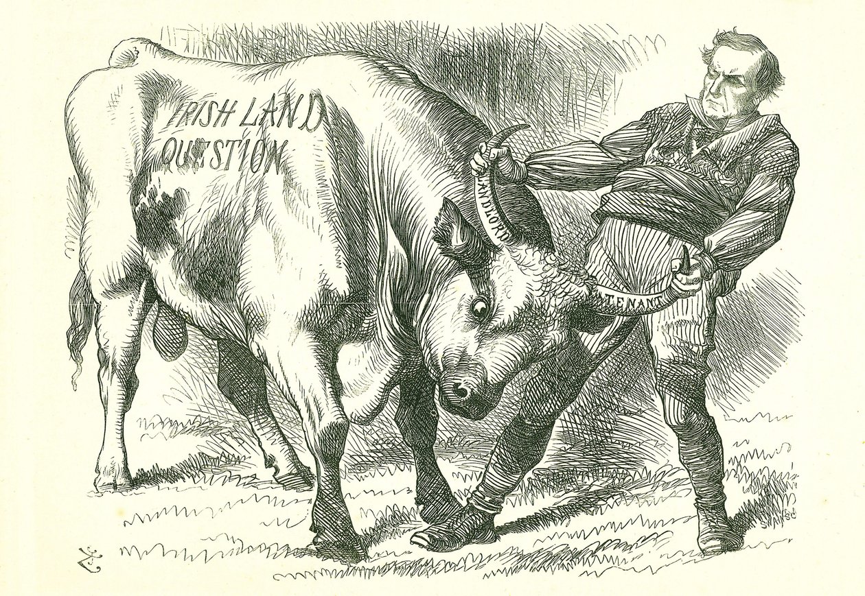 Den (irischen) Stier bei den Hörnern packen: Gesetz, das am 15. Februar 1870 vom Parlament verabschiedet und am 8. Juli die königliche Zustimmung erhielt. Premierminister William Gladstone befasst sich mit dem Thema. John Tenniel Karikatur aus Punch, Londo von John Tenniel