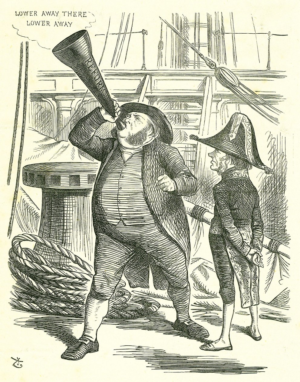 Der aufdringliche Passagier: Reform des Parlaments - Erweiterung des Wahlrechts. Der Premierminister, Lord John Russell, bittet John Bright, das Reformgesetz nicht weiter zu propagieren. Russell wurde im Mai 1866 vom Parlament über das Reformgesetz besiegt von John Tenniel