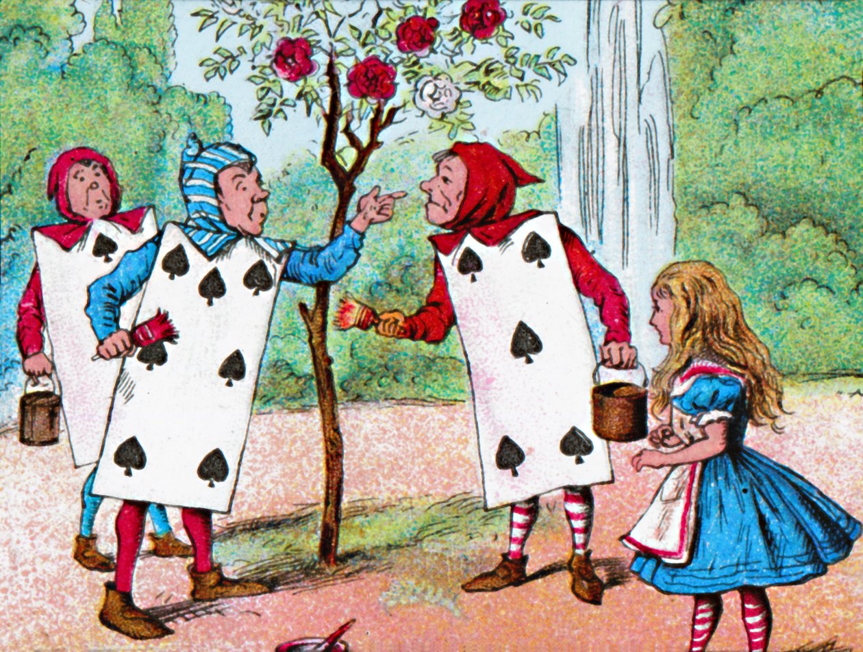 Die Spielkarten bemalen die Rosenbüsche von John Tenniel