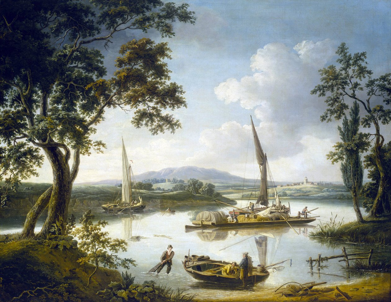 Blick auf die Themse in Shillingford (England), mit der Dorchester-Abtei am Horizont von John Thomas Serres