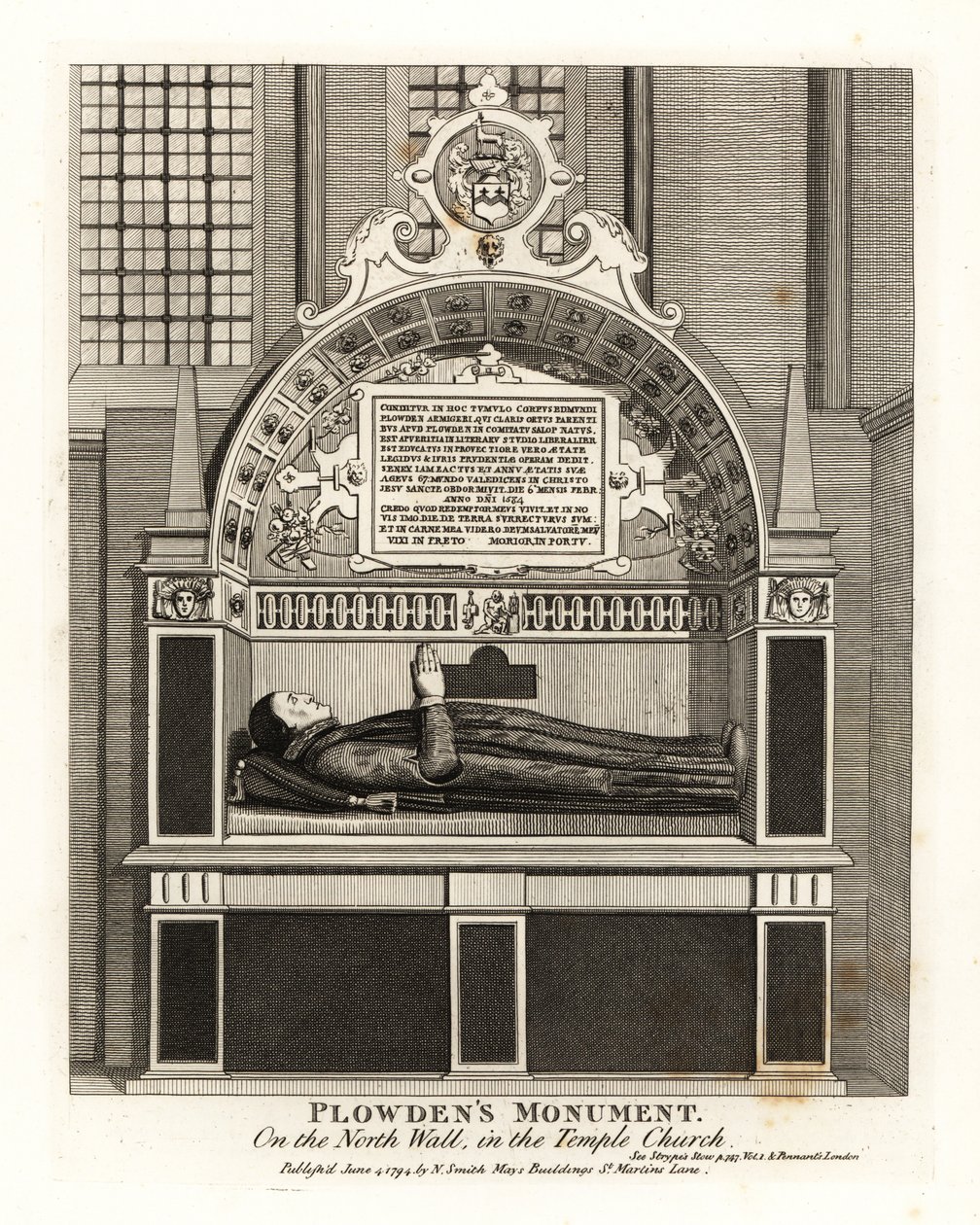 Edmund Plowdens Denkmal an der Nordwand in der Temple Church von John Thomas Smith