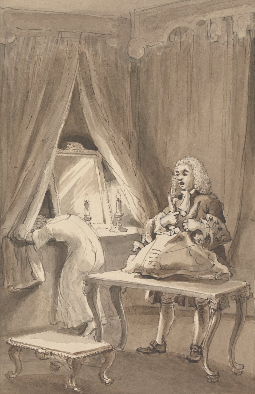 Hogarth, nachdem seine Frau ein neues Nachthemd angezogen hatte, packt ihre Sachen, um sie an Sir James Thornhill zu senden, mit einem Brief, in dem er ihm sagte, 