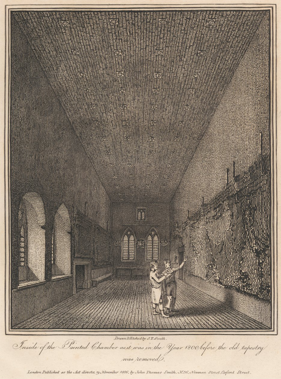 Innenansicht der Painted Chamber, wie sie im Jahr 1800 war, bevor der alte Wandteppich entfernt wurde von John Thomas Smith
